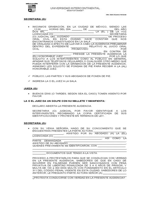 Formato De Audiencia Preliminar Juicio Oral Civil Octubre 2022 Pdf