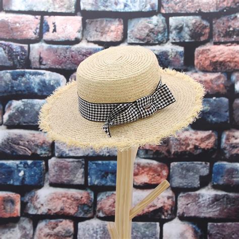 Buy Classical Ladies Raffia Hats Plaid Bowknot Wide Brim Sun Hat Flat