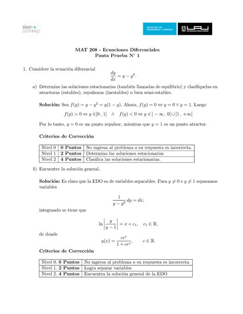 Pauta Prueba 1 2022 MAT 208 Ecuaciones Diferenciales Pauta Prueba N