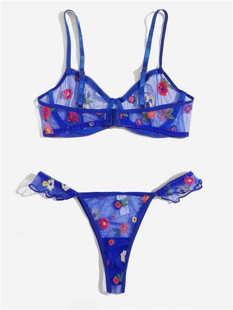 Bloemen Dames Sexy Lingerie Contrast Doorschijnend Borduurwerk Shein