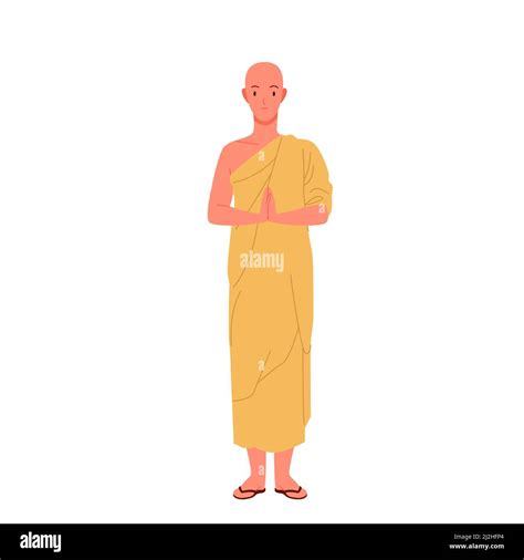 Buddhist Monk From Asian Temple Standing In Praying Pose Bald Male