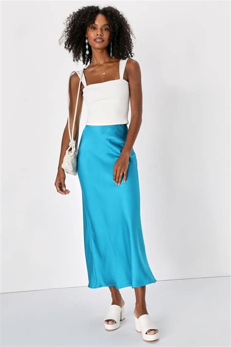 Turquoise Midi Skirt Satin Midi Skirt High Waisted Skirt Lulus