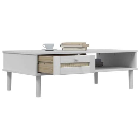 Table Basse SENJA Aspect Rotin Blanc 100x55x33 Cm Bois Massif SALALIS