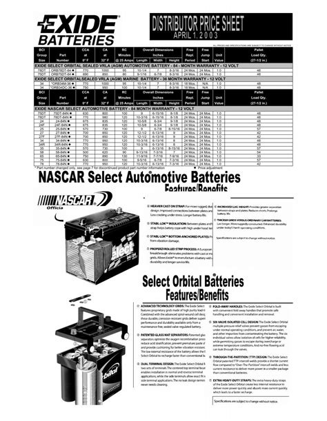 Exide Battery Specifications