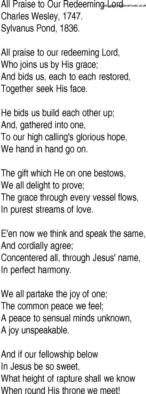 Hymn And Gospel Song Lyrics For All Praise To Our Redeeming Lord By Charles Wesley