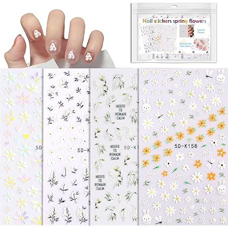 4 Blatt Nagelsticker Selbstklebend 3D Nagelsticker Frühling Blumen