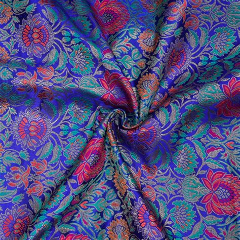 Buy Royal Blue Red And Green Kinkhab Banarasi Silk Fabric For Best