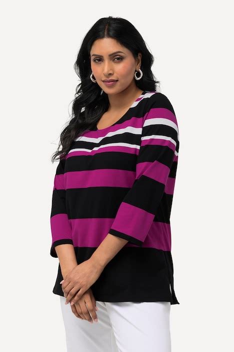 Striped Pima Cotton Sleeve Tee Magenta Ulla Popken