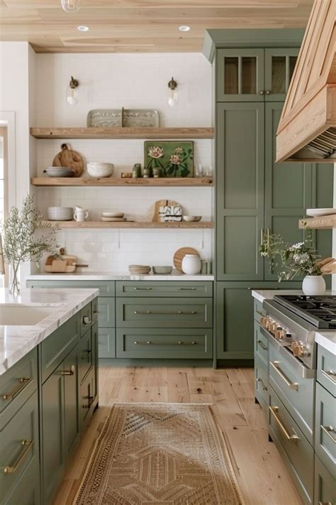 Kitchens With Green Cabinets And Wood Accents Green Kitchen Cabinets