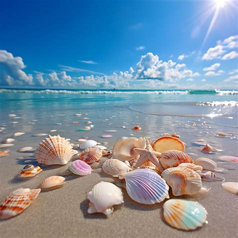 Premium AI Image | illustration of Glassy beach horizon sea shells