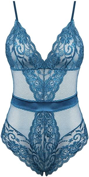 Aranmei Women Deep V Sexy Lace Bodysuit Snap Crotch Lingerie Teddy Und