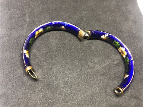 Vintage Cloisonne Blue Enamel Floral Hinge Bangle Bracelet Etsy