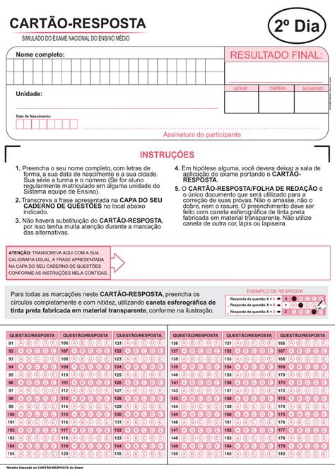 CARTÃO RESPOSTA SEGUNDO DIA MODELO ENEM QUESTÕES 91 À 180 Enem