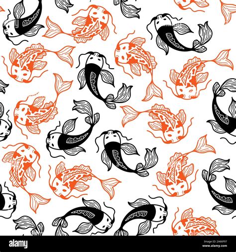 Japanese Carp Koi Seamless Vector Pattern Asian Traditional Outline