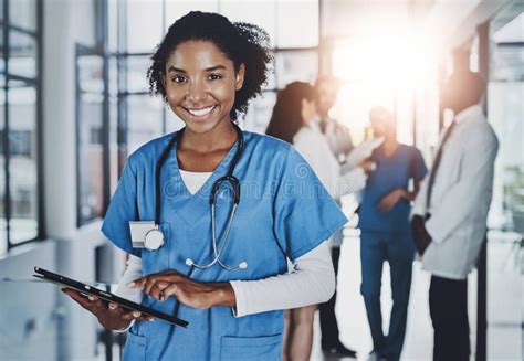 Portrait Black Woman And Nurse With Tablet In Hospital For Healthcare Telehealth And Research