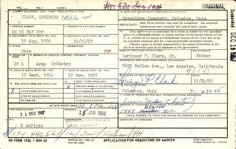 U S Headstone Applications For Military Veterans 1925 1970 For