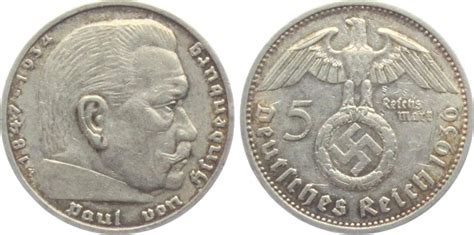 Drittes Reich 1936 F 5 Mark Hindenburg Mit Hakenkreuz Ss Vz MA Shops