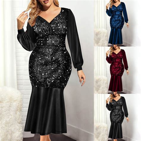 Womail Women Fashion Sexy Elegant Sequins Deep V Neck Dresses Solid