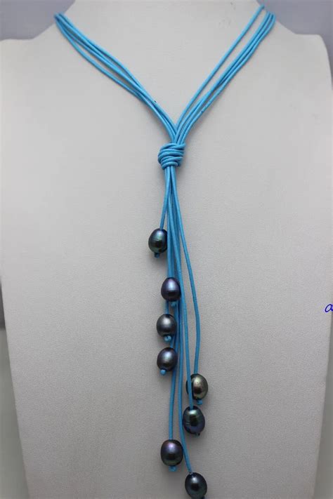 4 Strands Blue Leather Black Freshwater Pearl Style Nacklace 10x12mm