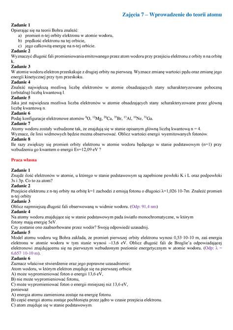Wprowadzenie Do Teorii Atomu Zaj Cia Wprowadzenie Do Teorii