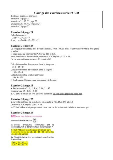 Corrig Des Exercices Sur Le Pgcd Off Iiitl Ac In