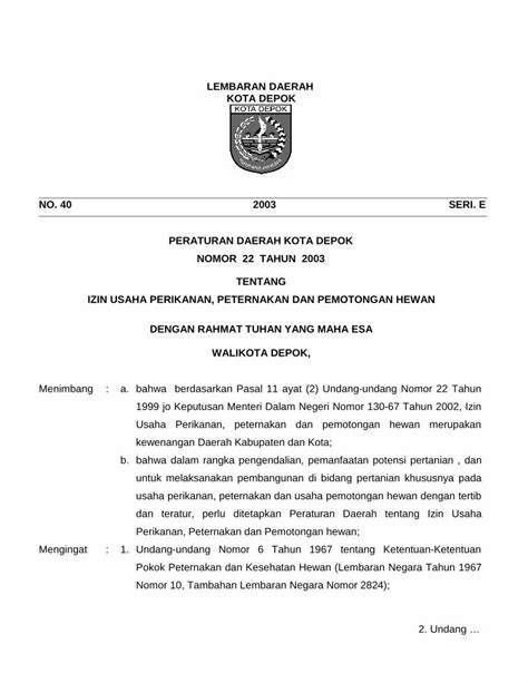 PDF LEMBARAN DAERAH KOTA DEPOK 2003 Nomor 22 Tentang Izin Usaha