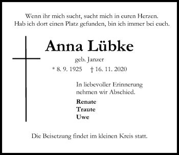 Traueranzeigen Von Anna L Bke Trauer Anzeigen De