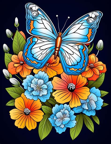 Premium Ai Image Brightly Colored Butterfly With Flowers On A Dark