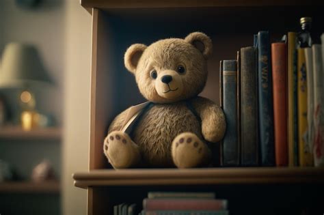 Premium Photo Brown Teddy Bear Sitting On Top Of Book Shelf Next To