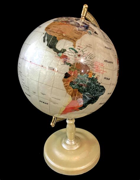 Lot Gemstone Mineral Inlay Globe On Brass Stand