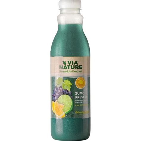 VIA NATURE zumo de manzana uva limón y lima con espirulina botella