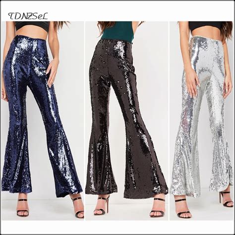 Sexy Sequined Glitter Skinny Flare Pants Women High Waist Zipper