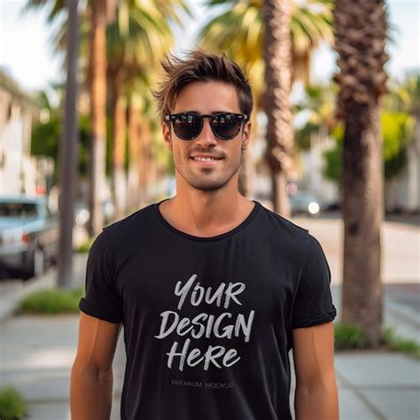 Premium Psd Man Wearing Black T Shirt Psd Mockup