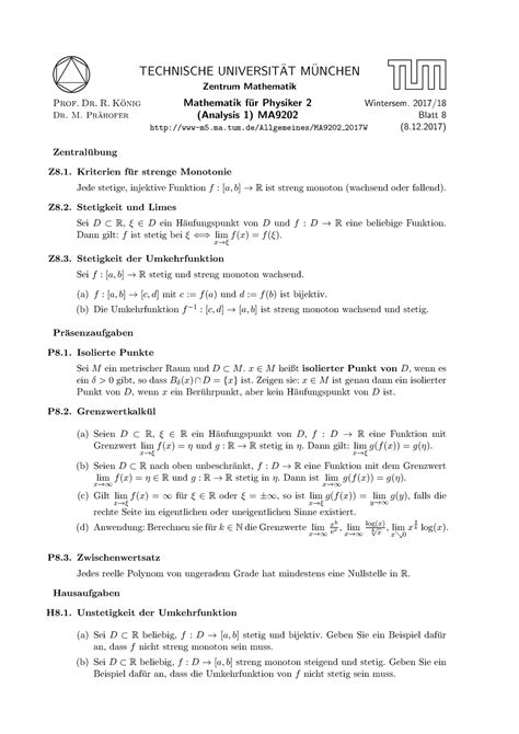 Blatt 08a TECHNISCHE UNIVERSIT AT M UNCHEN Zentrum Mathematik