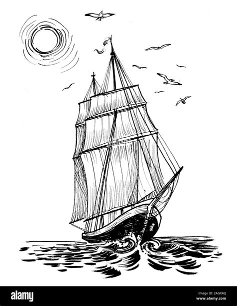 Big sailing ship in the sea. Ink black and white drawing Stock Photo ...