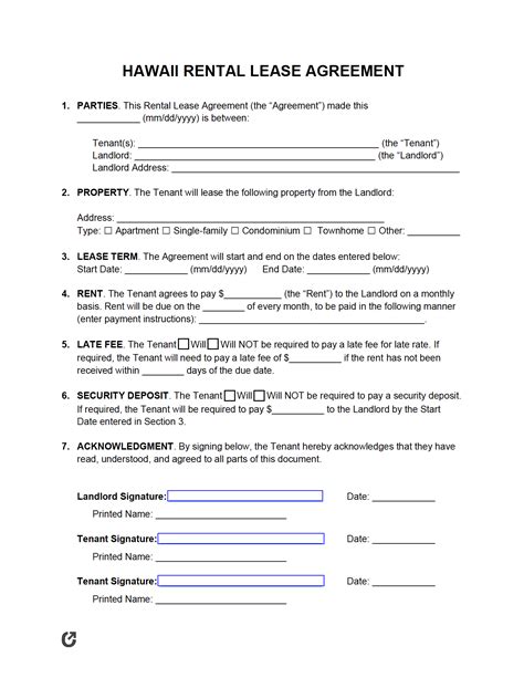 Free Hawaii Rental Lease Agreement Templates PDF WORD