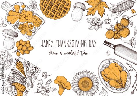 Thanksgiving food banner design. Thanksgiving illustration. Food hand ...