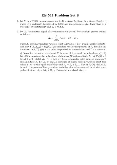 Problem Set Ee Problem Set Let Xt Be A W S Random Process And