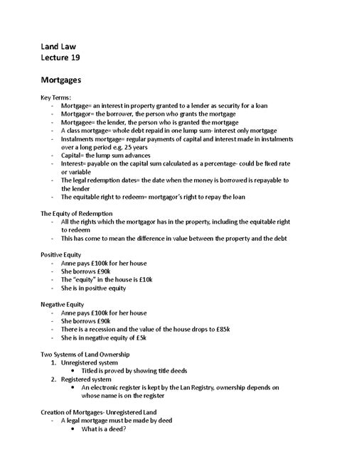 Lecture 19- introduction to mortgages - Land Law Lecture 19 Mortgages