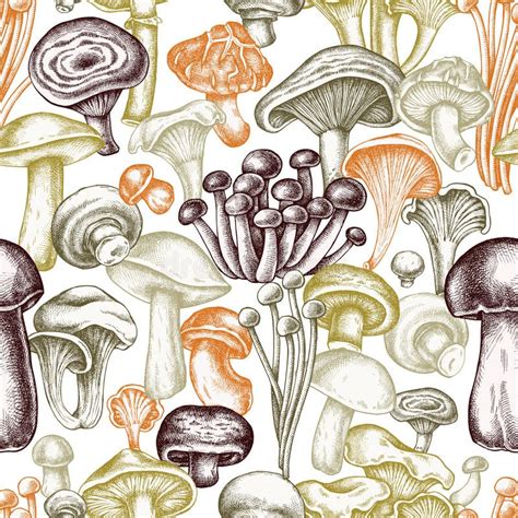 Seamless Pattern With Hand Drawn Pastel Oyster Mushroom Champignon