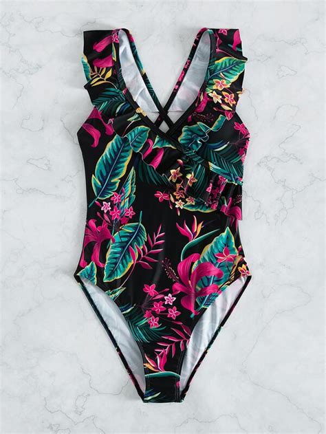 Tropical Print Ruffle Trim One Piece Swimsuit Shein Usa