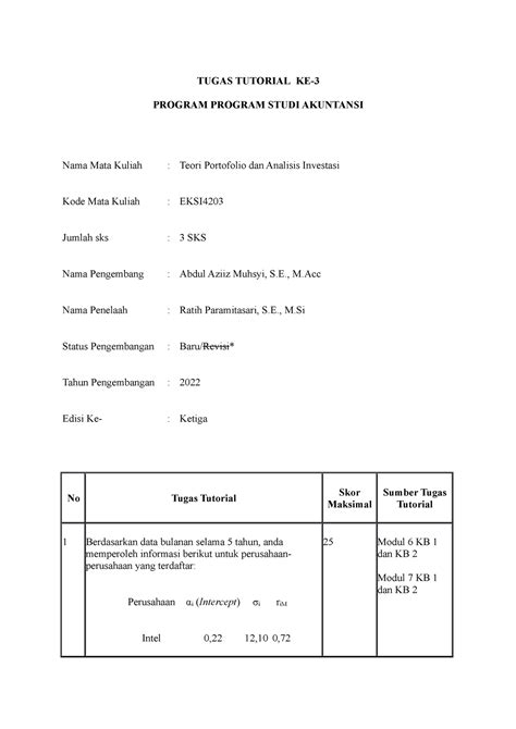 Tugas Tutorial 3 Teori Portofolio Analisis Investasi TUGAS TUTORIAL