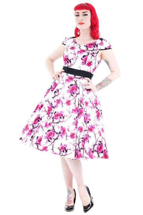 Hearts And Roses Pink And White Floral Swing Dress Retro Rockabilly