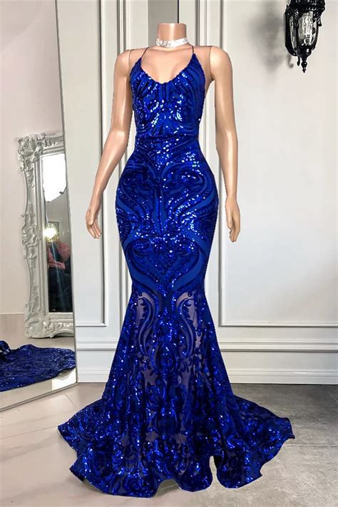 Daisda Mermaid Spaghetti Straps Royal Blue Long Prom Dress With Sequins