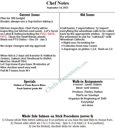 Kitchen Pre Shift Meeting Form Chefs Resources