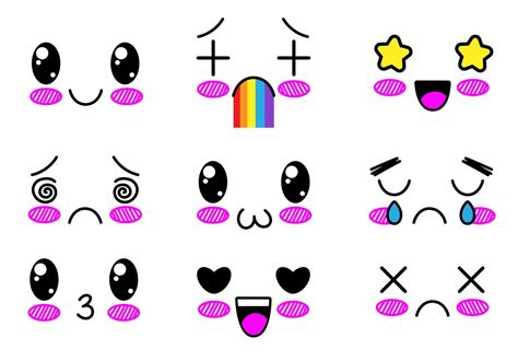 Set of cute lovely kawaii emoticon. Doodle cartoon face in childlike ...