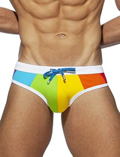 Mizok Men S Rainbow Strips Nylon Bikini Swim Briefs Drawstring Sexy Low