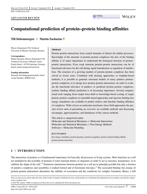 Pdf Computational Prediction Of Proteinprotein Binding Affinities