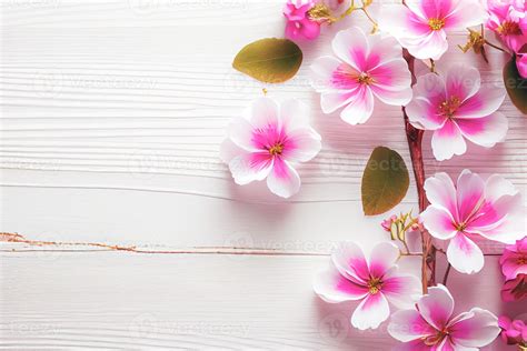 Hermosas Flores Rosas Sobre Fondo Blanco De Madera Concepto De D A De