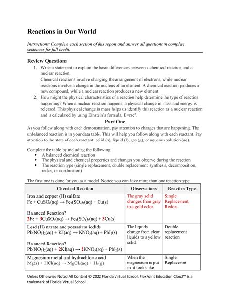 Reactions In Our World Report Reactions In Our World Instructions